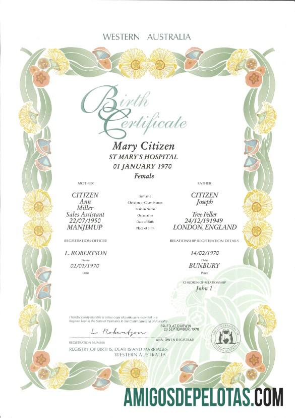 Realista modelo de certidão de nascimento decorativa (comemorativa) da Austrália Ocidental em formato PSD